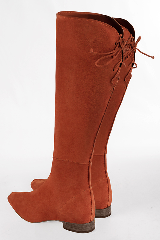 Terracotta orange women's knee-high boots, with laces at the back. Square toe. Flat leather soles. Made to measure. Rear view - Florence KOOIJMAN